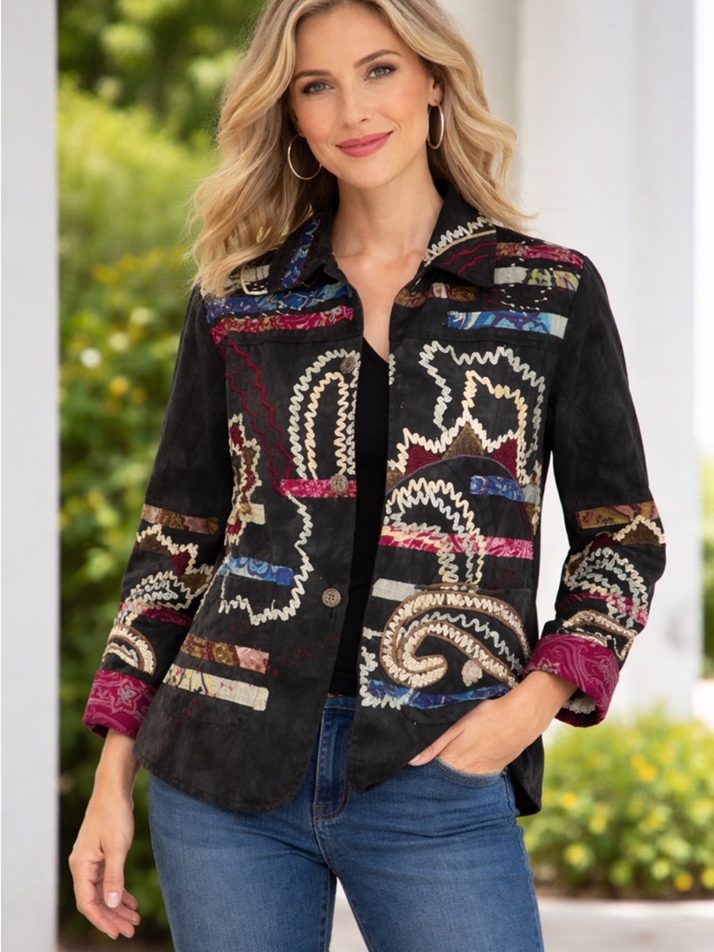 Parsley & Sage Blazer Art To Wear Unique Embroidered Appliqué Button Front